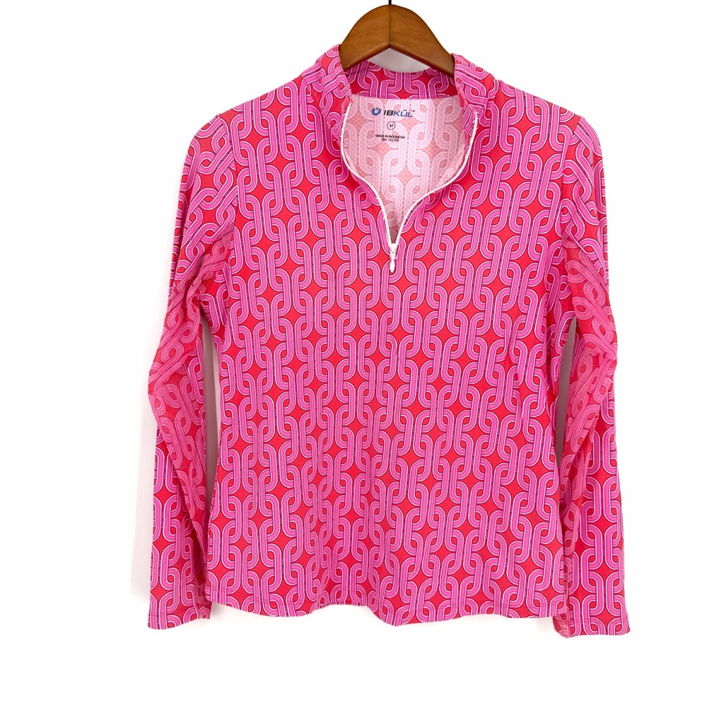 ✨IBKUL Hot Pink Geometric Chain-Print Zip Long Sleeve Pullover Medium Golf UV